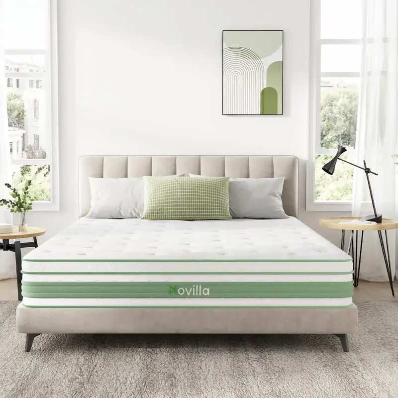 Novilla Hybrid Mattress in a Box 10/12 Inch, Fiberglass-Free,High Density Base Foam with Pocket Coils, Medium Firm Mattress, ...