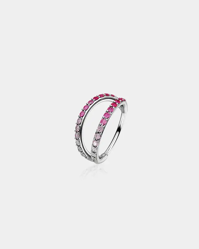 20G Gradient CZ Double Hoop Nose Ring - Pink-Clear CZ / 9mm