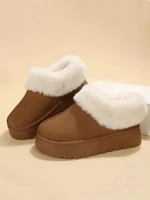 Women's Solid Color Contrast Faux Fur Slippers, Casual Soft Comfortable Home Slippers, Warm Slippers for Indoor & Outdoor Use...