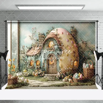 Aperturee Spring Greenery Floral House Eggs Easter Backdrop, 3X2FT(1MX0.6M), 14 USD, easter backdrops, ENHD3J05-M
