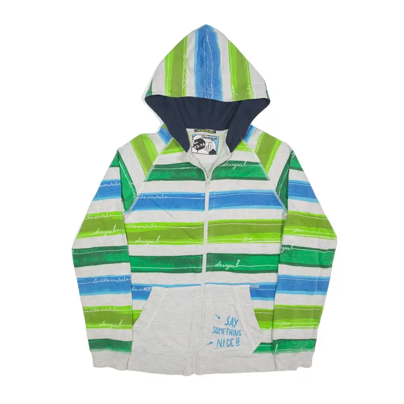 DESIGUAL Say Something Nice Striped Hoodie Green Full Zip Girls 13-14Y