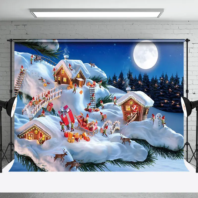 Aperturee Cartoon Lilliput Snowy House Merry Christmas Backdrop - Aperturee