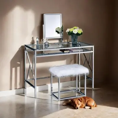 Celeste Contemporary Chrome Metal Frame Vanity Set with Tempered Glass Top, Soft Faux Fur Stool, and Modern Design for Versat...