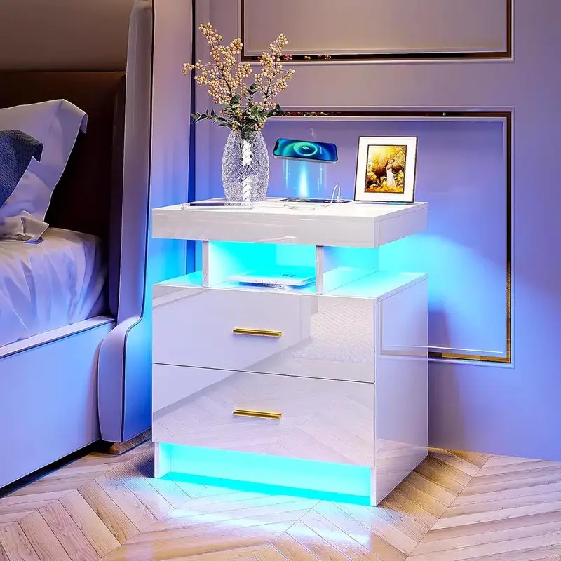 Smart LED Nightstand with Wireless Charging & USB Ports | 3-Color Auto-Sensing Lights, High Gloss Finish & Dual Storage Drawe...