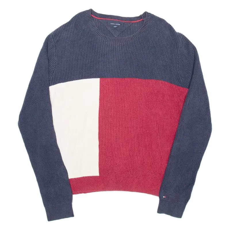 TOMMY HILFIGER Mens Patterned Jumper Blue Colourblock Tight Knit XL