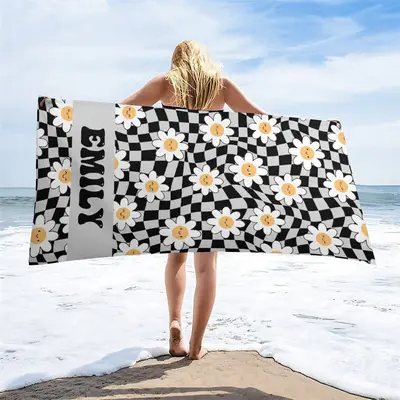 Black Plaid Daisy Floral Custom Name Beach Towel - Aperturee