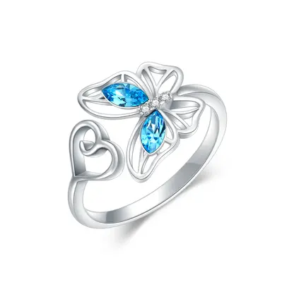 Sterling Silver Round Shaped Crystal & Cubic Zirconia Butterfly Open Ring