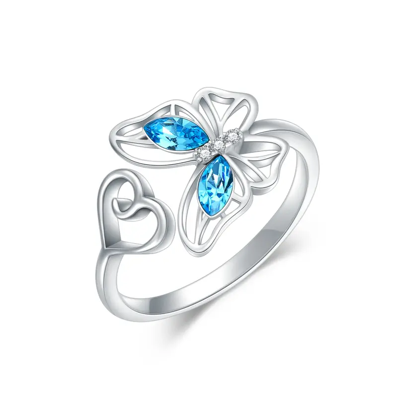 Sterling Silver Round Shaped Crystal & Cubic Zirconia Butterfly Open Ring