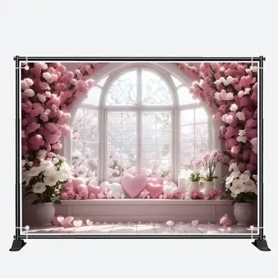 White Pink Floral Heart Elegant Window Backdrop - Aperturee