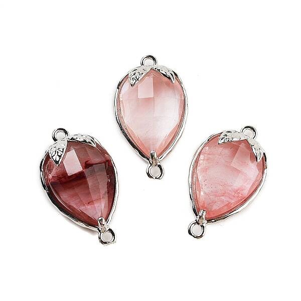 Cherry Quartz Glass Faceted Teardrop Connector Charms