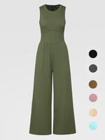 Women's Plain Pocket Zipper Round Neck Tank Jumpsuit, Casual Sleeveless Crew Neck Wide Leg Jumpsuit, Ladies Fitted Clothes fo...