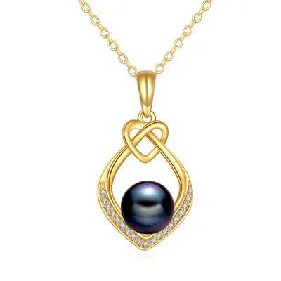14K Gold Cubic Zirconia &Black Freshwater Pearls Heart Pendant Necklace