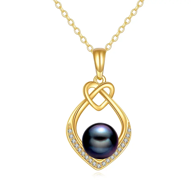 14K Gold Cubic Zirconia &Black Freshwater Pearls Heart Pendant Necklace