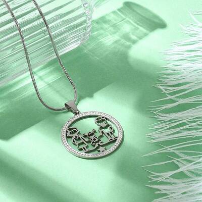 304 Stainless Steel Crystal Rhinestone Ring with Family Pendant Necklaces for Mother's Day Gift