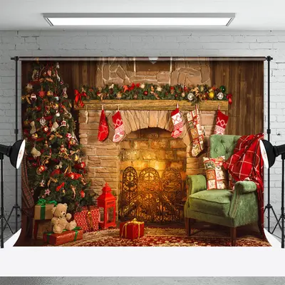 Rustic Fireplace Christmas Tree Portrait Backdrop - Aperturee
