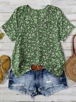 Women's Floral Print Notched Neck Blouse, Casual Short Sleeve Top for Summer, Women's Clothing for Daily Wear