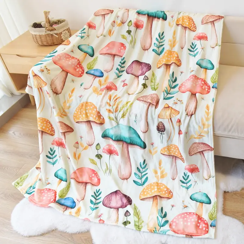 Mushroom Printed Throw Blanket, 1 Count Soft Warm Bed Blanket, All Season Blanket, Breathable Comfortable Blanket, Comfy Bedd...