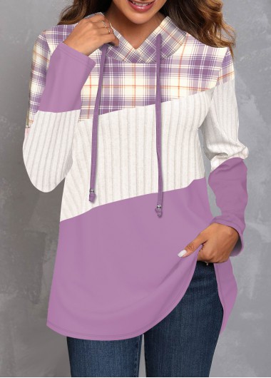 Modlily Purple Patchwork Plaid Long Sleeve Hoodie - XL