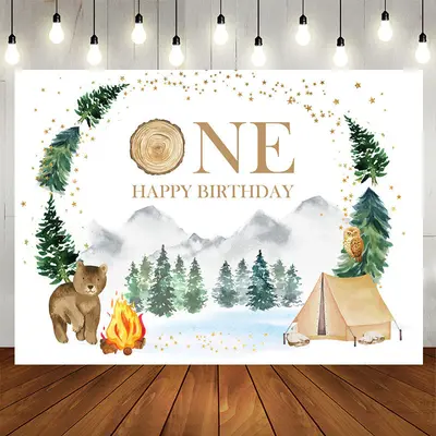 Aperturee Forest Jungle Bear Camping Happy 1St Birthday Backdrop