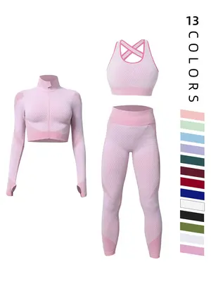 Women's Colorblock Zip Up Shapewear Set, Casual Comfy Crop Jacket & High Waist Leggings & Bra for Outdoor Wear, Summer Outfit...