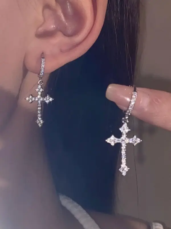 Women's Elegant Rhinestone Decor Studded Cross Earrings Earrings, 1 Pair Trendy Glittering Dangle Earrings, Luxury Jewelry fo...