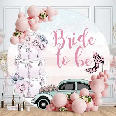 Aperturee Pink Cake And Heels Round Happy Wedding Backdrop