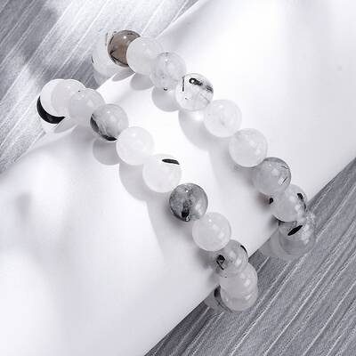 Natural Tourmalinated Quartz Round Beaded Stretch Bracelets for Men Women