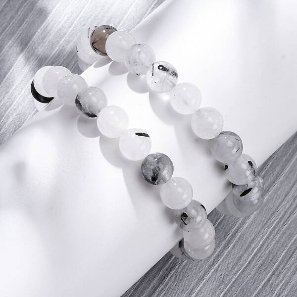 Natural Tourmalinated Quartz Round Beaded Stretch Bracelets for Men Women