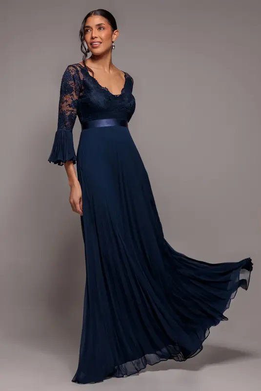 Goddiva Scalloped Lace Bodice Pleated Chiffon A Line Maxi Dress - Navy Blue
