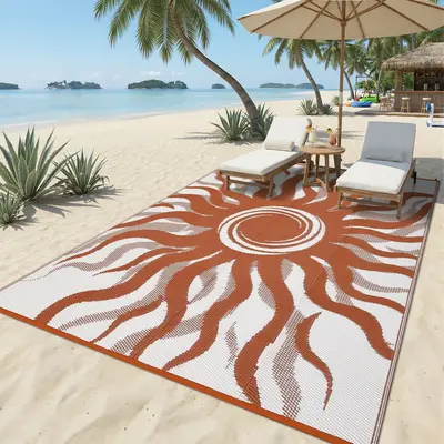 Garvee Outdoor Rug 9x12 Waterproof Patio Rug with Boho Sun Pattern, Reversible, UV-Resistant, Plastic Straw, Lightweight & Po...