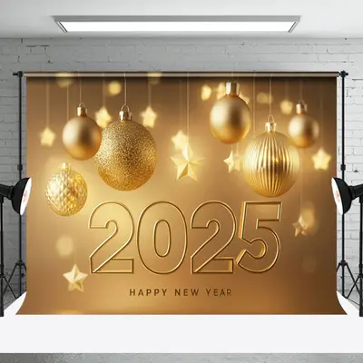 Gold Bauble Stars Bokeh Luxury 2025 New Year Backdrop - Aperturee