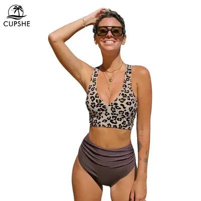CUPSHE Classic Leopard Print Cross Back Midkini & High Waist Bikini Set Stylish Beachwear V Neck Cutout Swimwear Casual Swims...