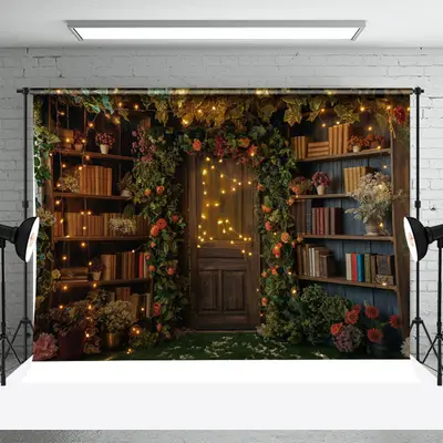 Green Leaf Floral Bookshelf Door Backdrop For Photo - Aperturee
