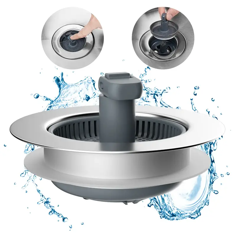 Hibbent 3 in 1 Kitchen Sink Drain Strainer and Stopper Combo, Chrome Stainless Steel Wraped Shell, Anti-Clogging Basket Strai...