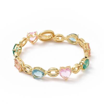 Colorful Cubic Zirconia Heart & Rectangle & Teardrop Link Chain Bracelet