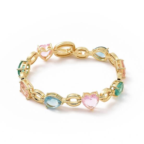 Colorful Cubic Zirconia Heart & Rectangle & Teardrop Link Chain Bracelet