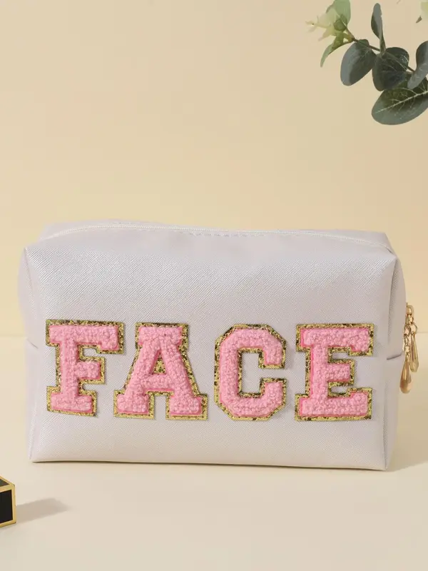 Fashion Trendy Letter Design Makeup Bag, Summer Portable Large Capacity Travel Cosmetic Storage Bag, Zipper Makeup Organizer...