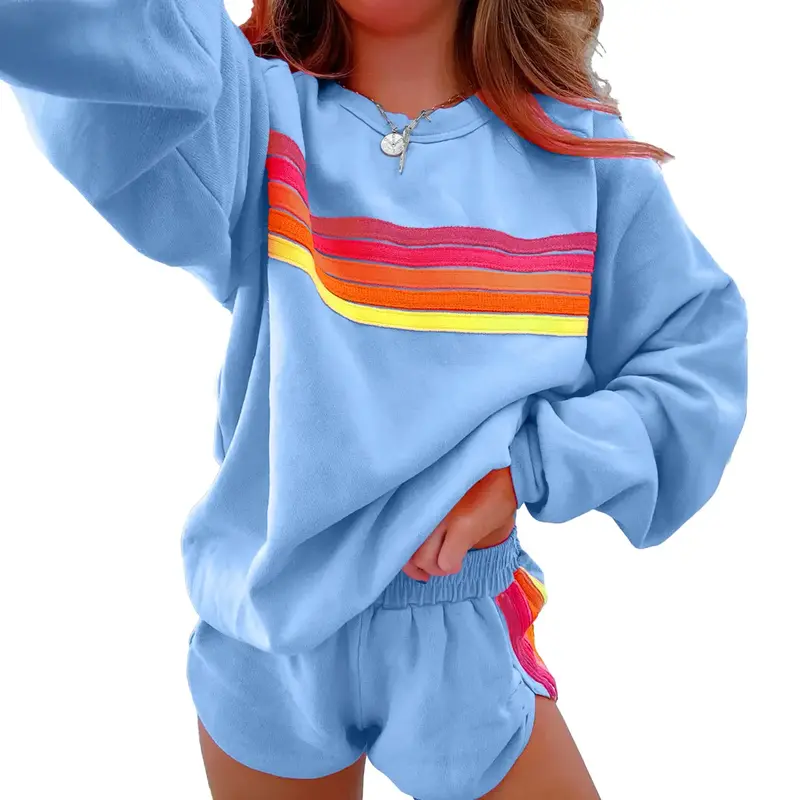 Mntaor Women's FallFreshness Comfy Striped Accent Crew Neck Pullover and Shorts Two Piece Loose Fit Set Pajamas Set Family Ma...