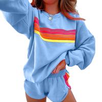 Mntaor Women's Comfy Striped Accent Crew Neck Pullover and Shorts Two Piece Loose Fit Set Pajamas Set Family Matching Set Cot...