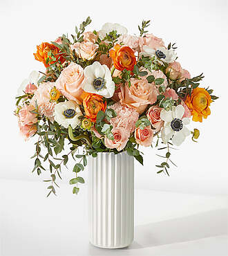 Touch of Honey Anemone Bouquet - Deluxe with White Fluted Vase - FedEx