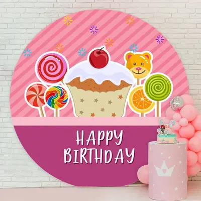 Aperturee Purple Pink Candy Round Happy Birthday Backdrop