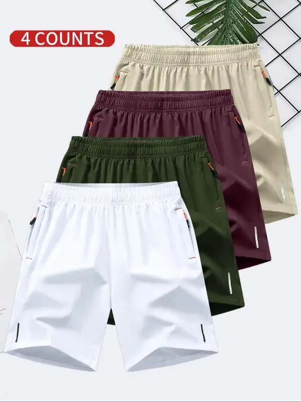 Men's Solid Color Quick Drying Breathable Ice Silk Shorts, Regular Fit Casual Comfy Zipper Pocket Elastic Waist Shorts for Su...