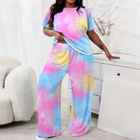 ChicMe Women's Plus Size Tie Dye Print Short Sleeve Pajamas Set