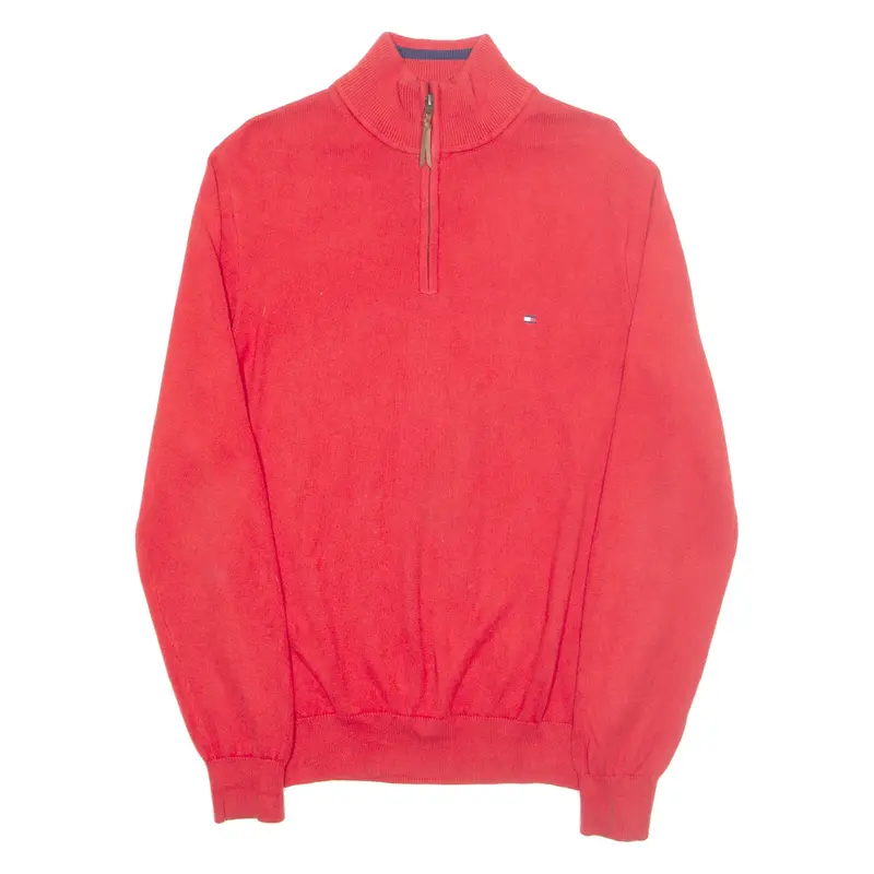 TOMMY HILFIGER Mens Jumper Red 1/4 Zip Tight Knit S