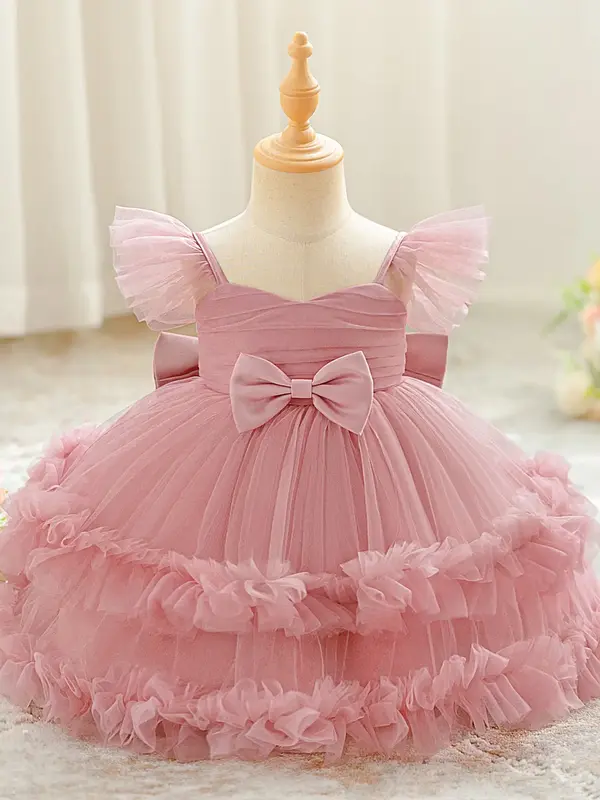Pink Baby Girl Clothes Big Bow Tulle Christening Cocktail Toddler Baptism Pageant Ball Gown Princess Dress for all Season 6 M...