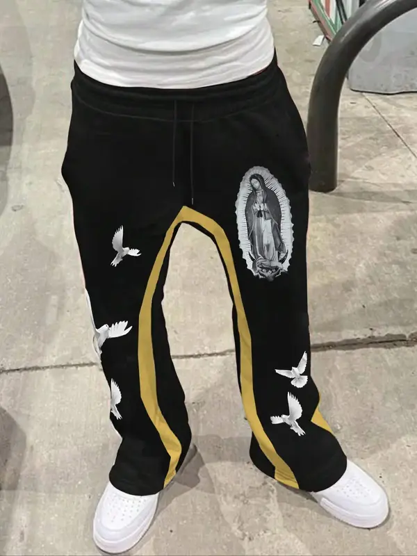 Men's Colorblock & Virgin Mary & Dove Print Drawstring Waist Flare Leg Pants, Regular Fit Casual Pocket Design Trousers for D...
