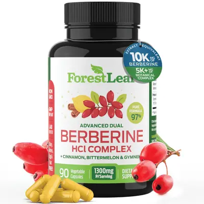 ForestLeaf Advanced Dual Berberine HCl 1300mg- 97% Tested Ultra Potency with Ceylon Cinnamon, Bitter Melon & Gymnema - 10:1 E...