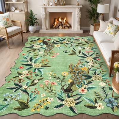 Garvee Scalloped Green Area Rug Floral Peacock Pattern Non-Slip Washable Ultra Thin Soft Botanical Nursery Living Room Decor