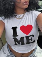 Women's Heart & Letter Print Round Neck Crop Tee, Casual Short Sleeve Crew Neck T-shirt for Daily Wear, Ladies Clothes for Al...