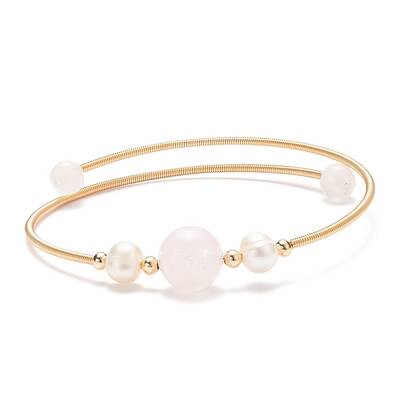 Natural Rose Quartz & Pearl Round Beaded Bangle